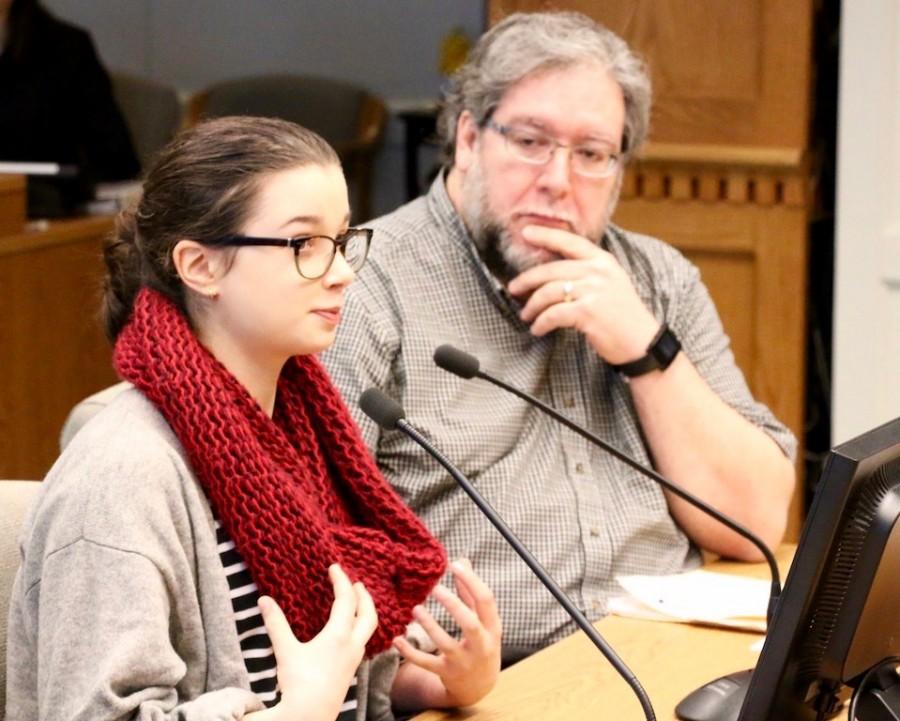 Kylie+Charney-Harrington%2C+editor+of+Timberline%27s+Blazer%2C+testifies+as+Mountlake+Terrace%27s+Hawkeye+adviser%2C+Vince+DeMiero%2C+looks+on.+%28Photo+by+Dan+Hiestand%29