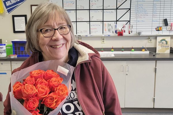 At a recent WJEA board meeting, Schrier received flowers in honor of her recognition. 