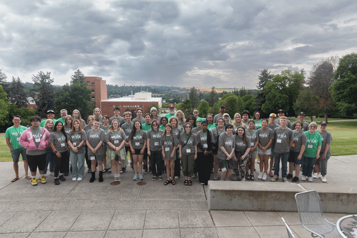 Opening group shot from WJEA J-Camp 2025, as participants prepare to make new friends from around the state, work on team projects late into the night, walk the many hills of the WSU campus and learn new skills in major areas of interest. 