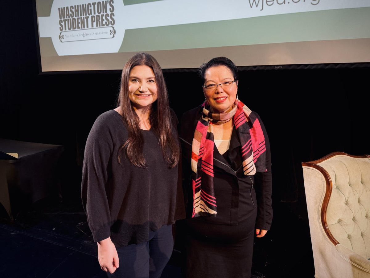 WJEA state conference keynoter, Seattle Times writer Naomi Ishisaka, and moderator Mariah Lane after the keynote presentation.